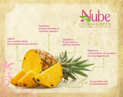 Infografía detallando los nutrientes principales de la piña: Vitamina C, Manganeso, Fibra, Potasio, Bromelina.