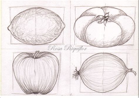Primer plano de texturas detalladas de diferentes frutas y verduras dibujadas a lápiz