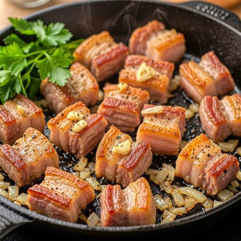 Panceta de cerdo dorándose en la sartén