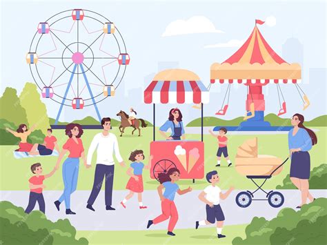 Ilustración de Bambiland con atracciones y familias divirtiéndose