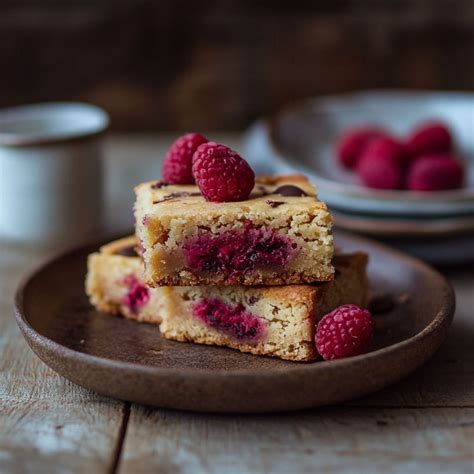 Fotografía de blondies de chocolate blanco con frutos rojos y otra versión con avellanas, mostrando la textura interior húmeda y los trozos de chocolate.