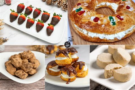 Composición de diferentes postres navideños presentados como regalos, como cajas de trufas y bolsas de polvorones.
