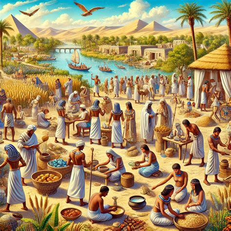 Ilustración de la vida cotidiana en el antiguo Egipto mostrando el proceso de molienda y cocción del pan.