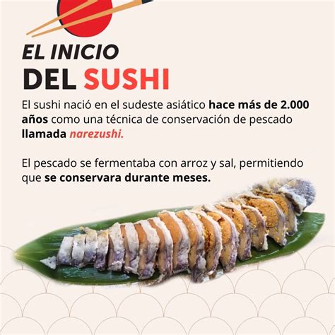 Infografía que muestra la línea temporal del sushi: desde el narezushi en el Sudeste Asiático hasta la popularización global en el siglo XX.