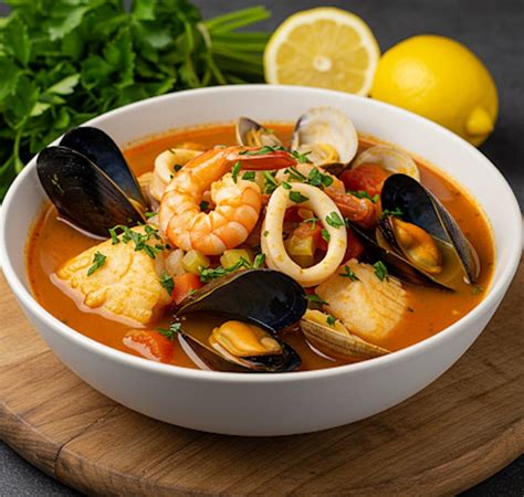 Composición de ingredientes frescos para el caldillo: cebolla, pimiento, zanahoria, tomates, mariscos variados.