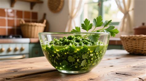 Fotografía de frascos de cristal con cilantro y perejil conservados en agua en el refrigerador.