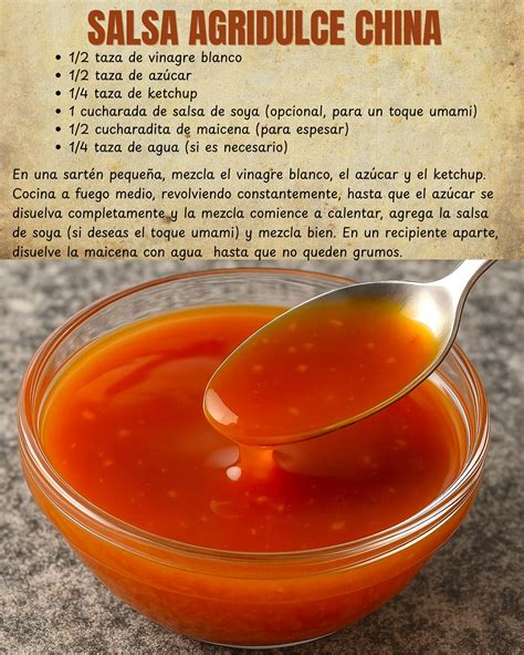 Ingredientes básicos para la salsa agridulce: vinagre, azúcar, ketchup, sal, agua y maicena.