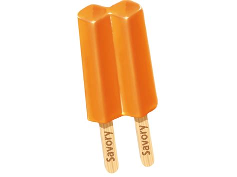 Fotografía publicitaria del helado Savory Lolly Pop de naranja resaltando su color vibrante y presentación en paleta