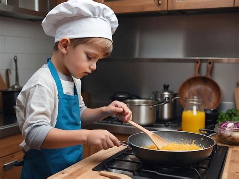Niño cocinando pasta en la cocina