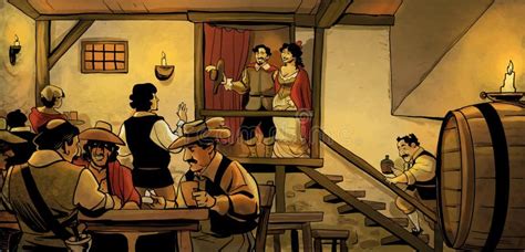 Ilustración histórica de una taberna inglesa medieval con jarras de cerveza especiada