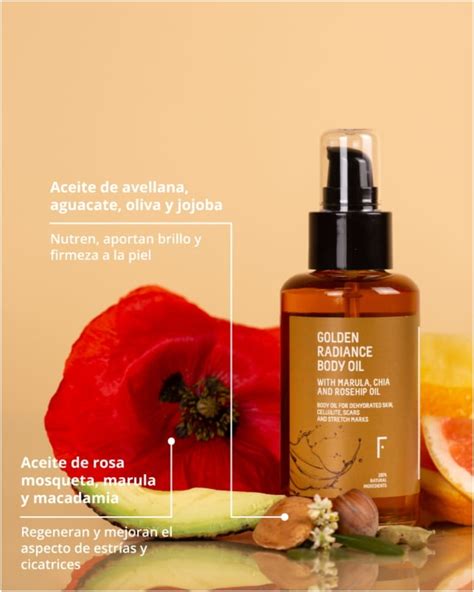 Envase de aceite corporal con ingredientes naturales como hibisco y algas marinas