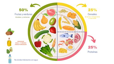 Representación visual de un plato saludable con proporciones recomendadas de alimentos