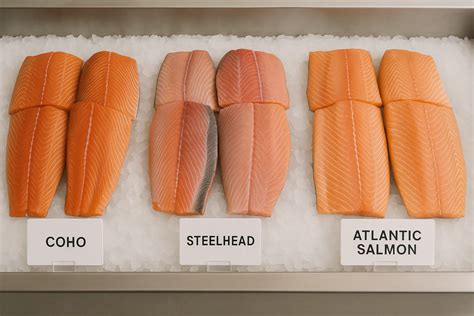 Infografía comparativa: silueta del salmón coho (Pacífico) frente al salmón salar (Atlántico), destacando diferencias físicas y hábitats.