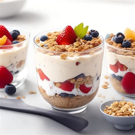 parfait vegano en vaso transparente con capas de yogur, frutas y granola