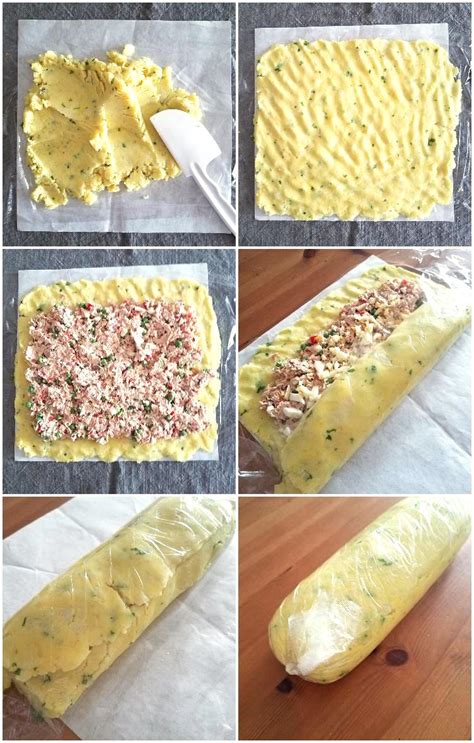 esquema paso a paso del enrollado de un sándwich: aplanado, relleno, enrollado y corte en porciones