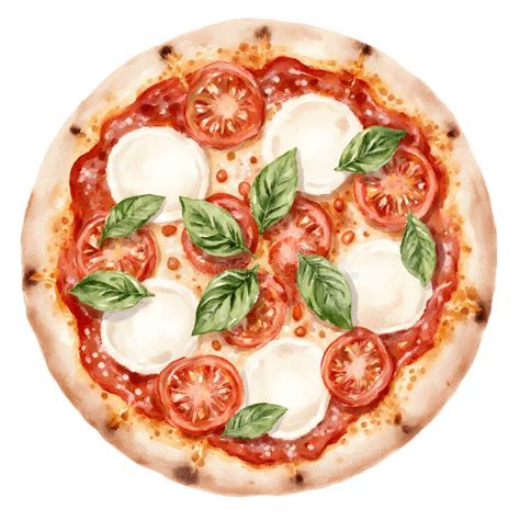 Ilustración de una pizza Margherita clásica con tomate, mozzarella y albahaca.