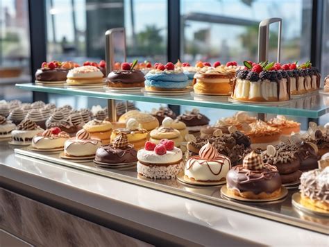 Fotografía de una vitrina de pastelería con diversos pasteles, donas y brazo de reina.
