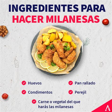 Ilustración de los ingredientes para la milanesa y pasos de preparación.