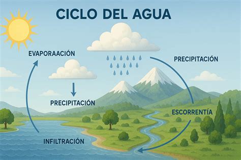 Esquema del ciclo del agua mostrando su movimiento entre atmósfera, superficie y subsuelo