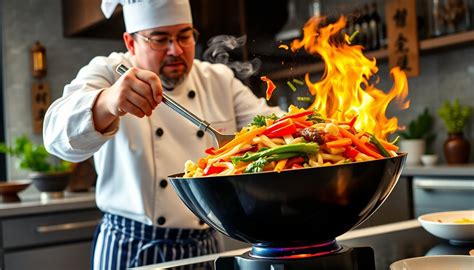 Esquema visual que muestra la técnica del salteado en un wok, destacando la importancia del fuego fuerte y el movimiento constante de los ingredientes.