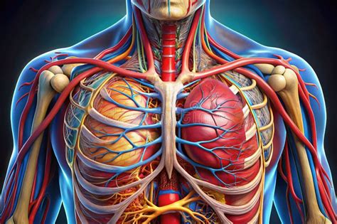 Diagrama de anatomía del pecho humano, destacando pulmones, esófago, corazón, nervios y músculos intercostales.