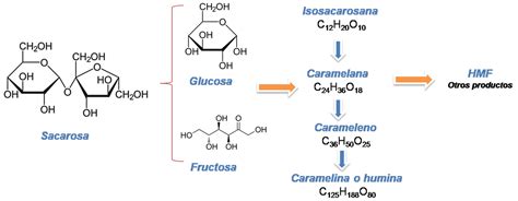 Diagrama de las transformaciones químicas durante la caramelización de la sacarosa