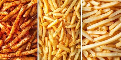 Thematic photo of various types of french fries with different sauces