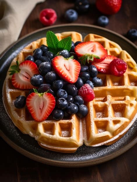 Fotografía profesional de un wafle belga servido con frutas frescas y crema batida