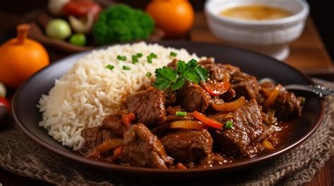 Plato de estofado de cabra con funchi y arroz en un restaurante caribeño