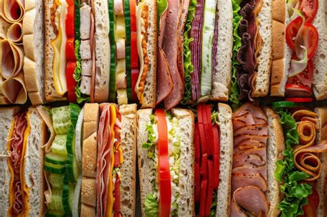 Foto: selección de sándwiches variados con rellenos proteicos y abundancia de vegetales frescos.