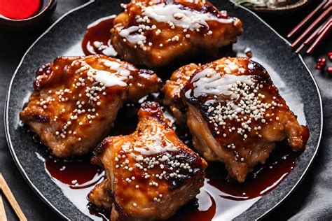 Plato de pollo teriyaki con un glaseado brillante.