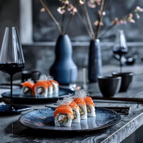 Foto de una mesa con varios platos de sushi y picoteos
