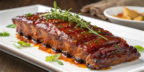 Fotografía de costillas de cerdo en salsa de chocolate recién horneadas y caramelizadas