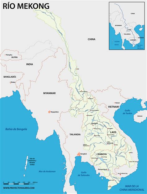 Mapa de distribución geográfica de los ríos Mekong y Chao Phraya en el sudeste asiático