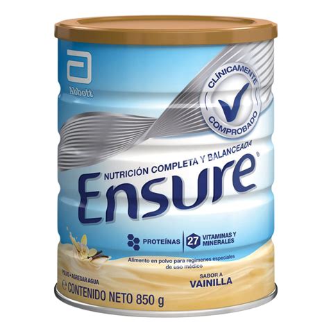 Infografía que destaque el tarro de Ensure Vainilla de 850g rodeado de iconos que representen energía, fuerza muscular y equilibrio nutricional