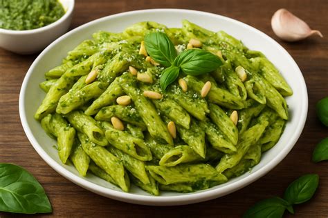 Plato de pasta corta con pesto