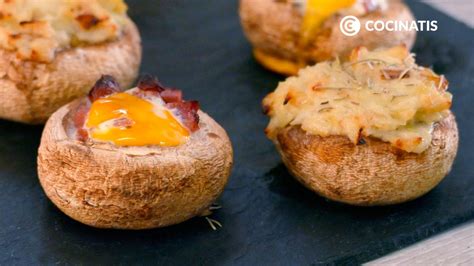 Plato terminado de champiñones rellenos y empanados con presentación gourmet