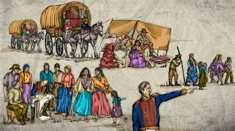 Ilustración antigua de caldereros gitanos o mujeres con mangas características