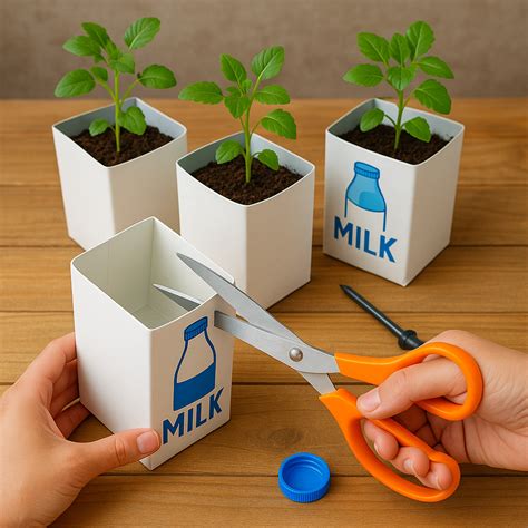 Foto de macetas decoradas hechas con cajas de leche, con pequeñas plantas verdes.