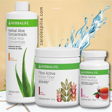 imagen de los tres productos de Herbalife (Herbal Aloe, Té Bebida Herbal, Fibra de Manzana Activa) junto a un vaso con la mezcla