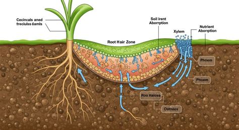 Esquema de las raíces de una planta absorbiendo agua y nutrientes del suelo