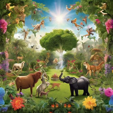 Ilustración artística que representa el Jardín del Edén, el árbol del conocimiento y la figura de Adán y Eva.