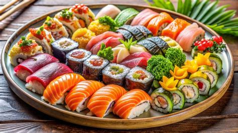 Sushi surtido en un plato de madera, mostrando nigiri, maki y sashimi