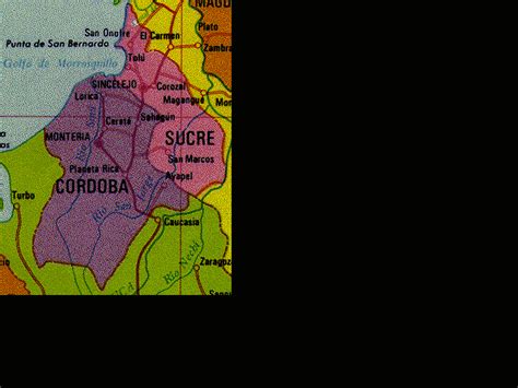 Mapa geográfico destacando las regiones de Santander, Sucre y Córdoba donde se encuentran las localidades mencionadas con los términos 