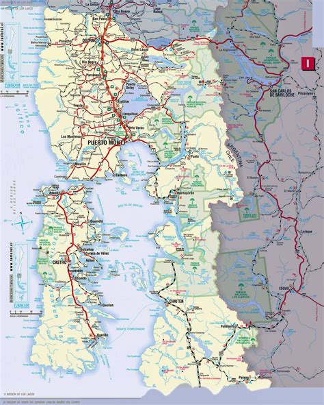 Mapa de la Región de Los Lagos destacando la ruta desde Puerto Montt a Ancud