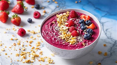 Un colorido Smoothie Bowl de frutos rojos adornado con frutas frescas, semillas y granola.