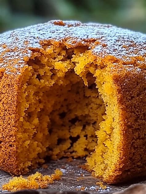 Bizcocho esponjoso de calabaza recién horneado espolvoreado con azúcar glas