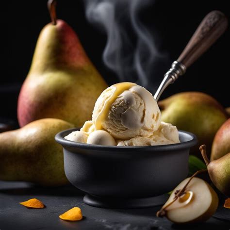 Helado cremoso venezolano recién servido en un recipiente, decorado con trozos de fruta.