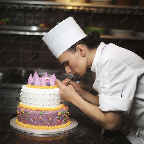 Chef pastelero decorando cuidadosamente un pastel de boda con detalles finos