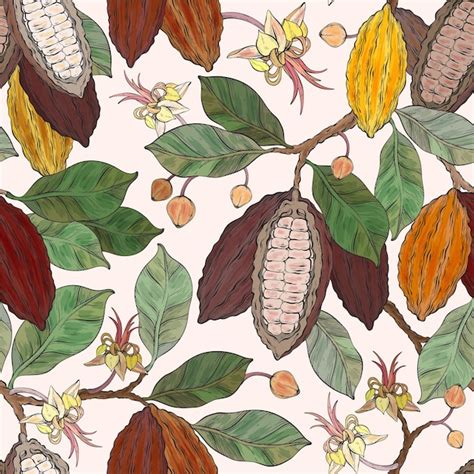 Ilustración tropical con cocos y granos de cacao